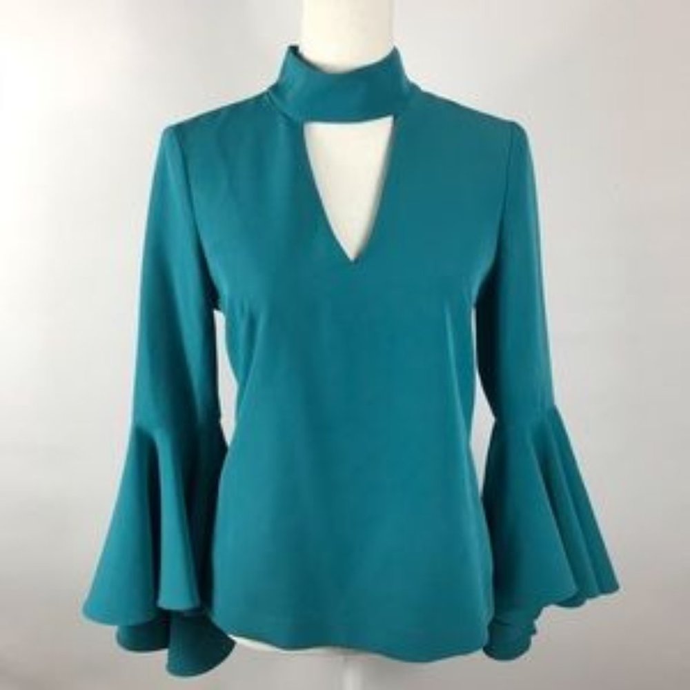 Milly Blouse Choker V-Neck Bell Sleeves 4 Teal